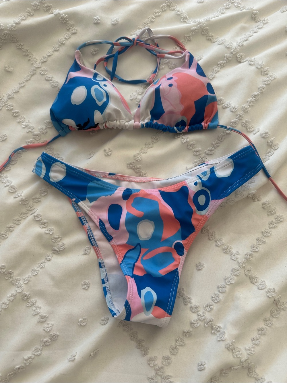 SHEIN Blue and Pink Abstract Print Triangle Bikini